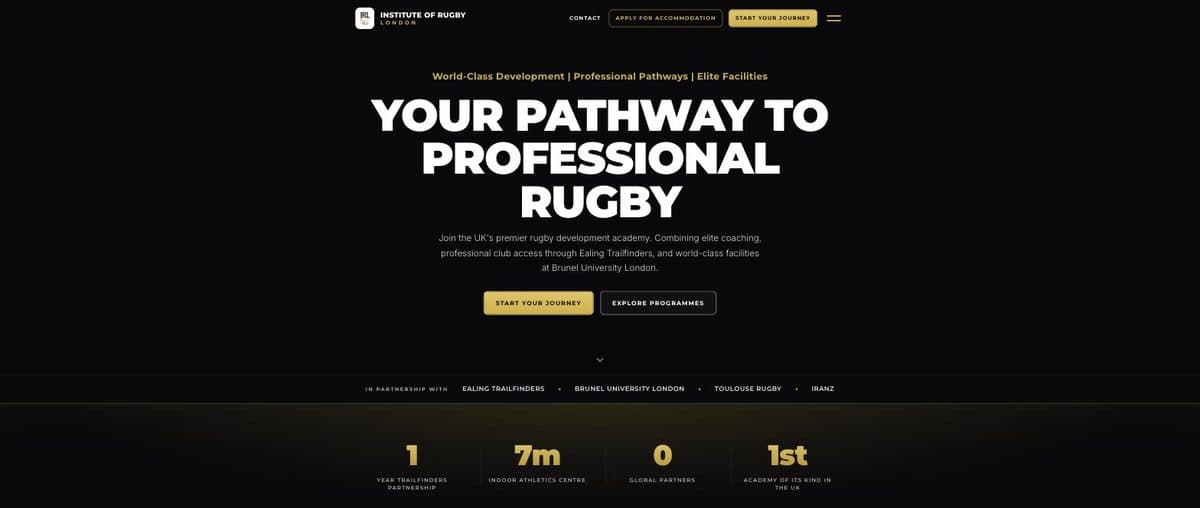 The Institute of Rugby London platform, showing its home page
